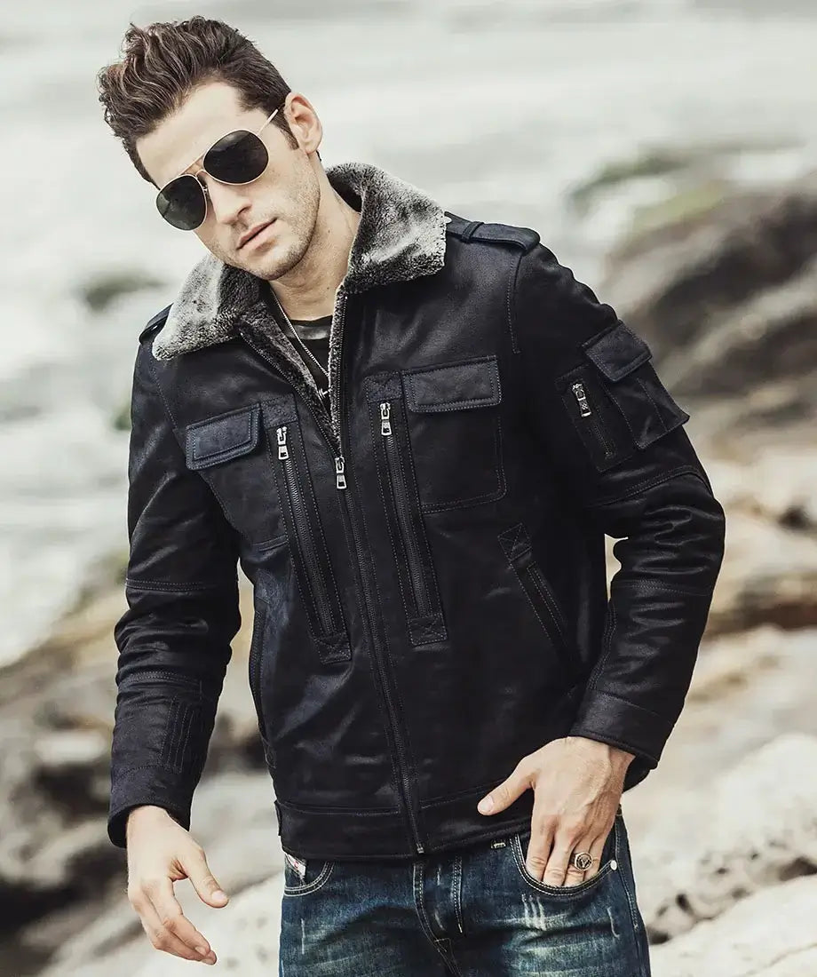Aurora Men's Black Sheepskin Leather Faux Shearling Jacket