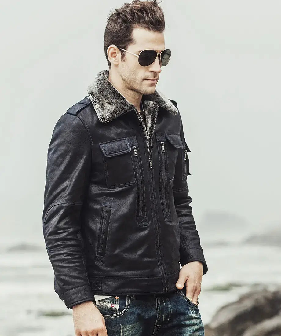 Aurora Men's Black Sheepskin Leather Faux Shearling Jacket