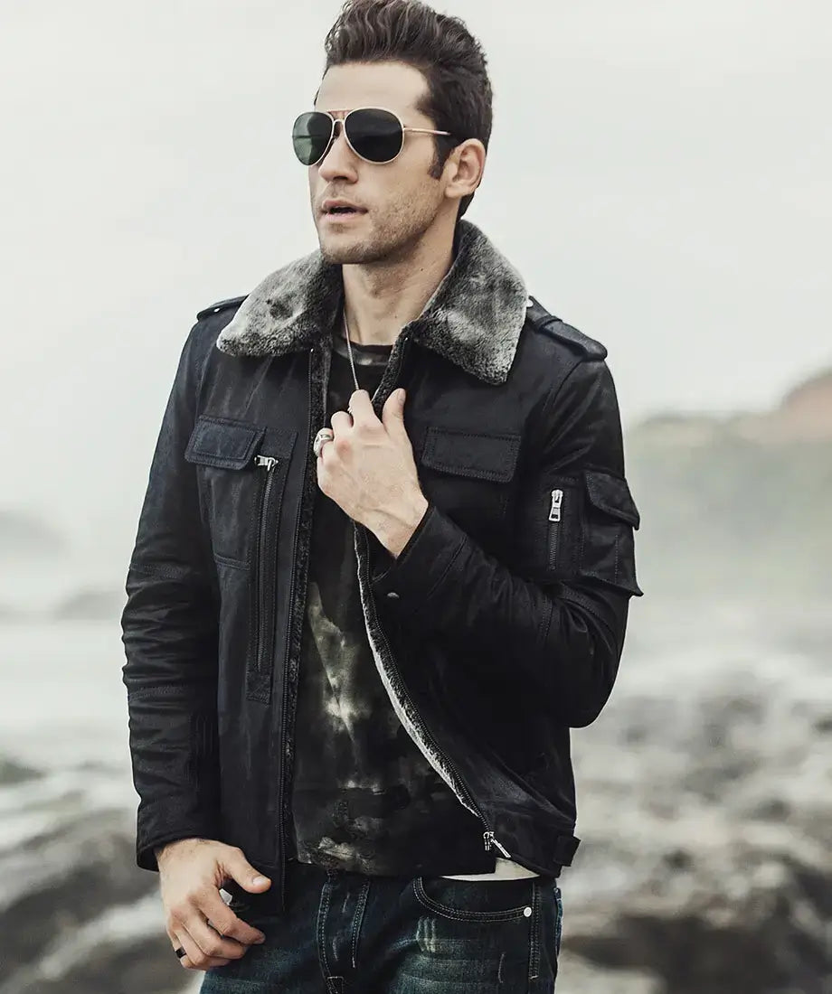 Aurora Men's Black Sheepskin Leather Faux Shearling Jacket