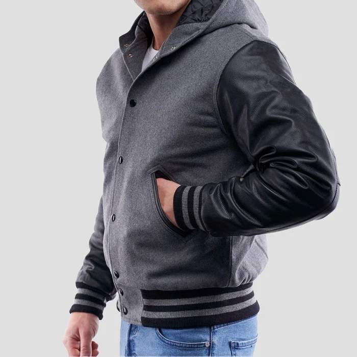 Light Oxford Wool Varsity Jacket & Black Leather Sleeves Hoodie
