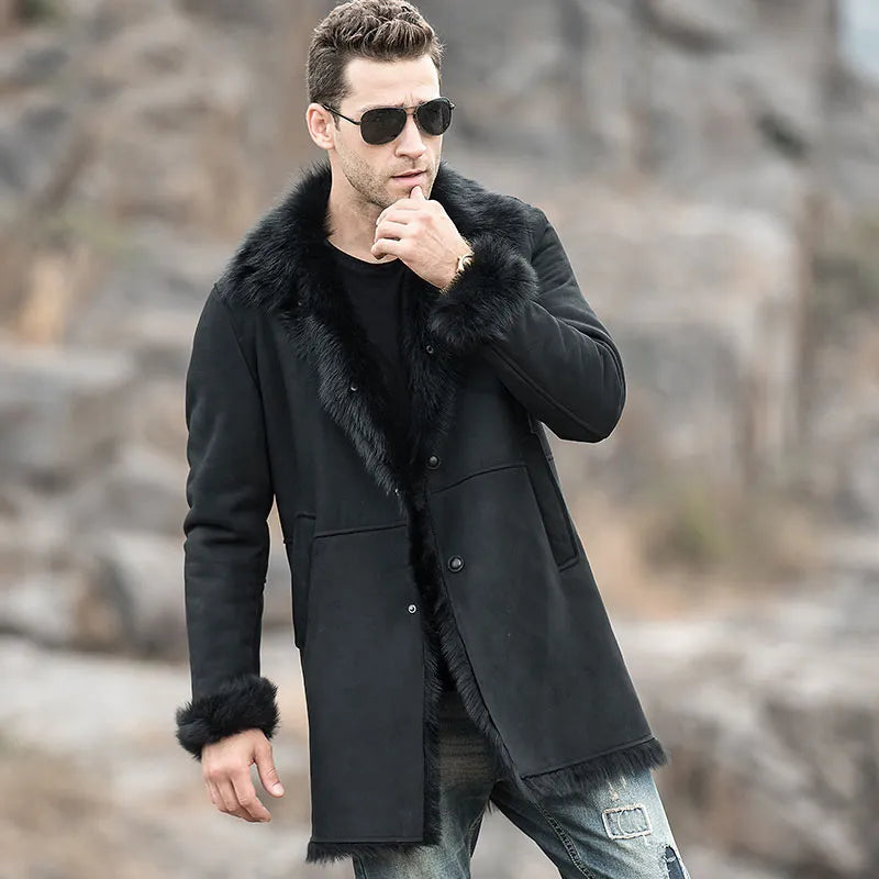 Men’s Black Shearling Fur Suede Leather Trench Coat