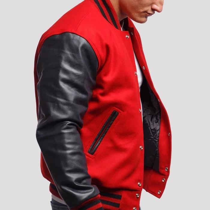 Red Wool Body & Black Leather Sleeves Varsity Jacket